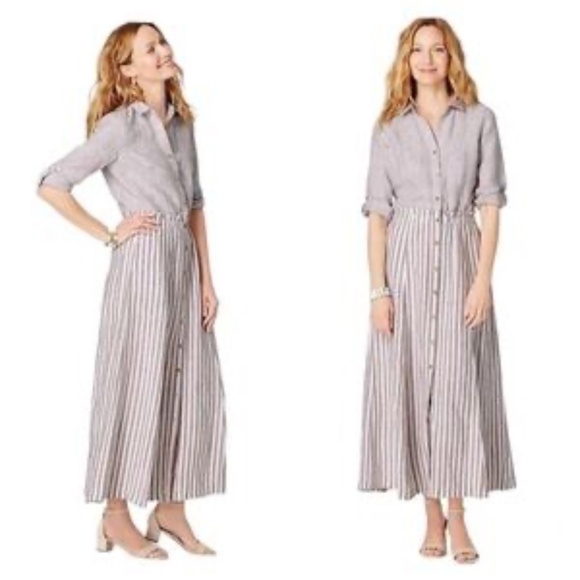 J Jill Linen Shirt Dress XLP Lightweight Stripe Pockets Preppy Beach Lagenlook - Picture 1 of 15